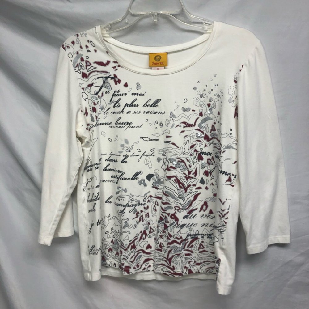 Ruby Rd. Womens T-Shirt White Abstract 3/4 Sleeve Scoop Neck Stretch Sequin M
